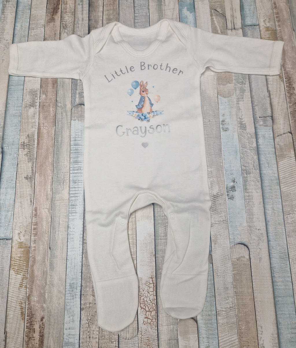 Personalised White Babygro With Printed Blue Rabbit Initial And Name