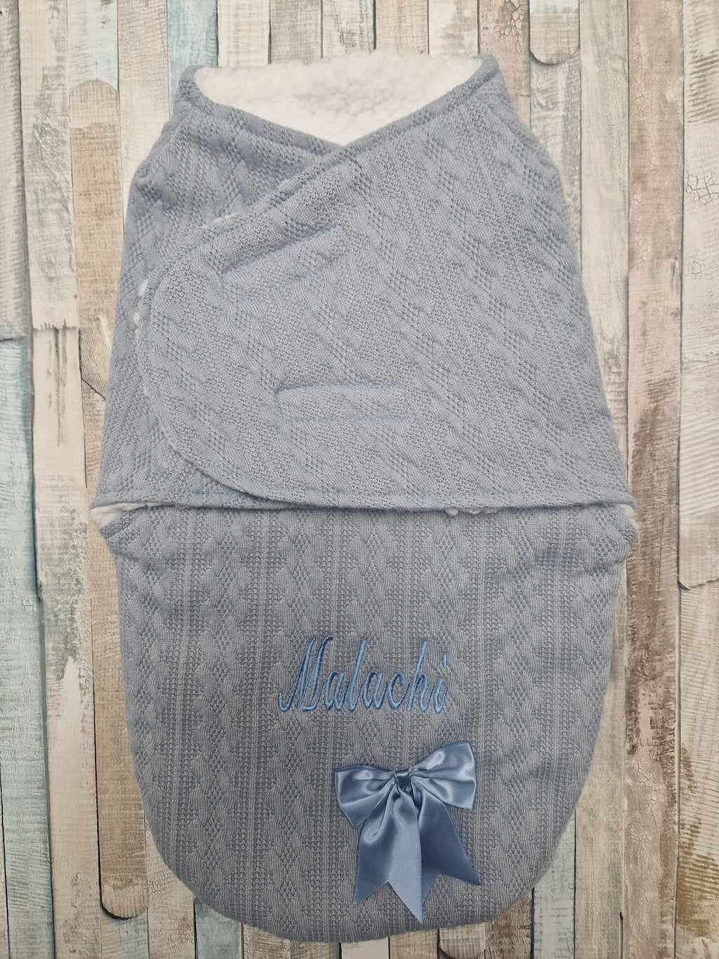Personalised Baby Boys Dusky Blue  New Cable Style Swaddle With Satin Bow