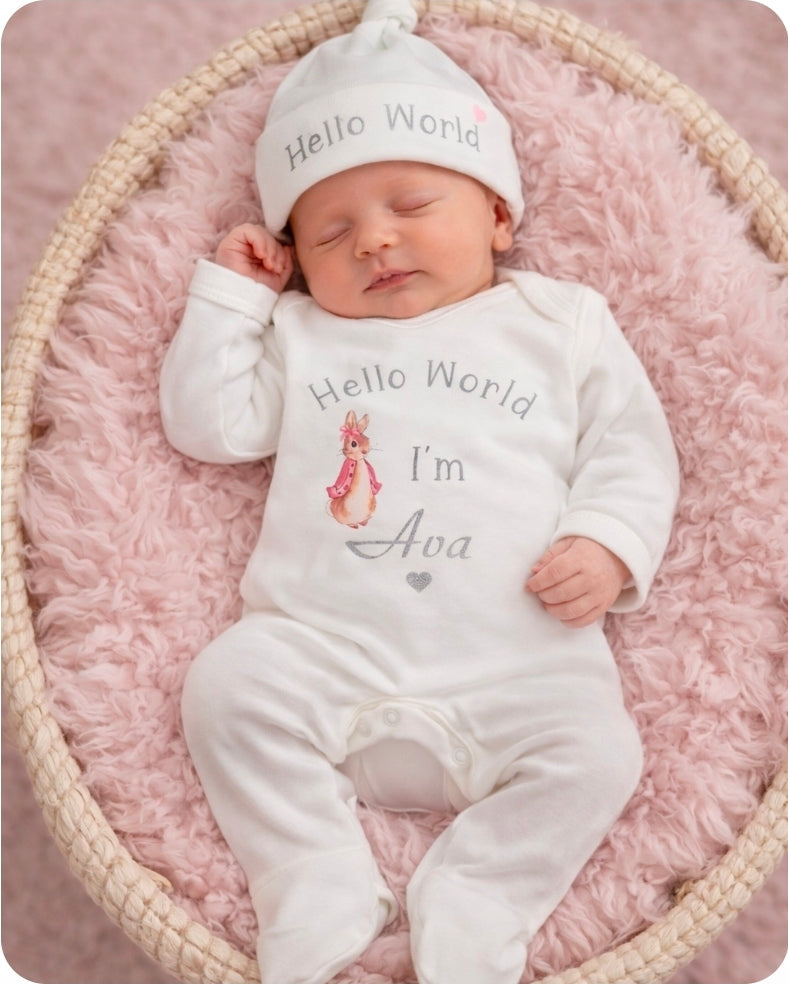 Baby Girls Newborn White Personalised Babygro With Printed Hello World  Pink Rabbit