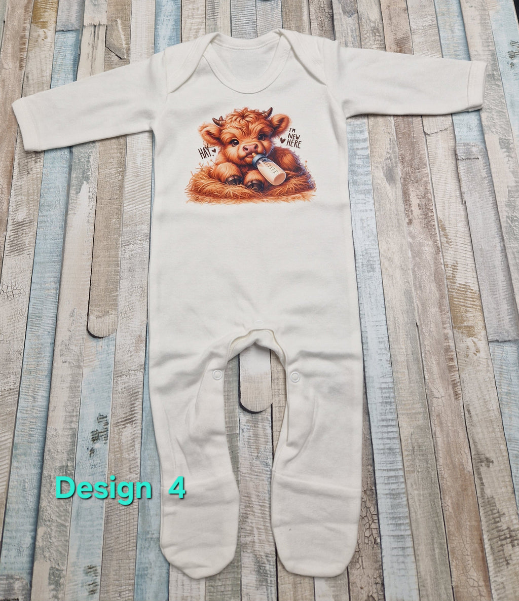 Personalised Baby Highland Cow Hay Im New Here Printed Newborn Babygro