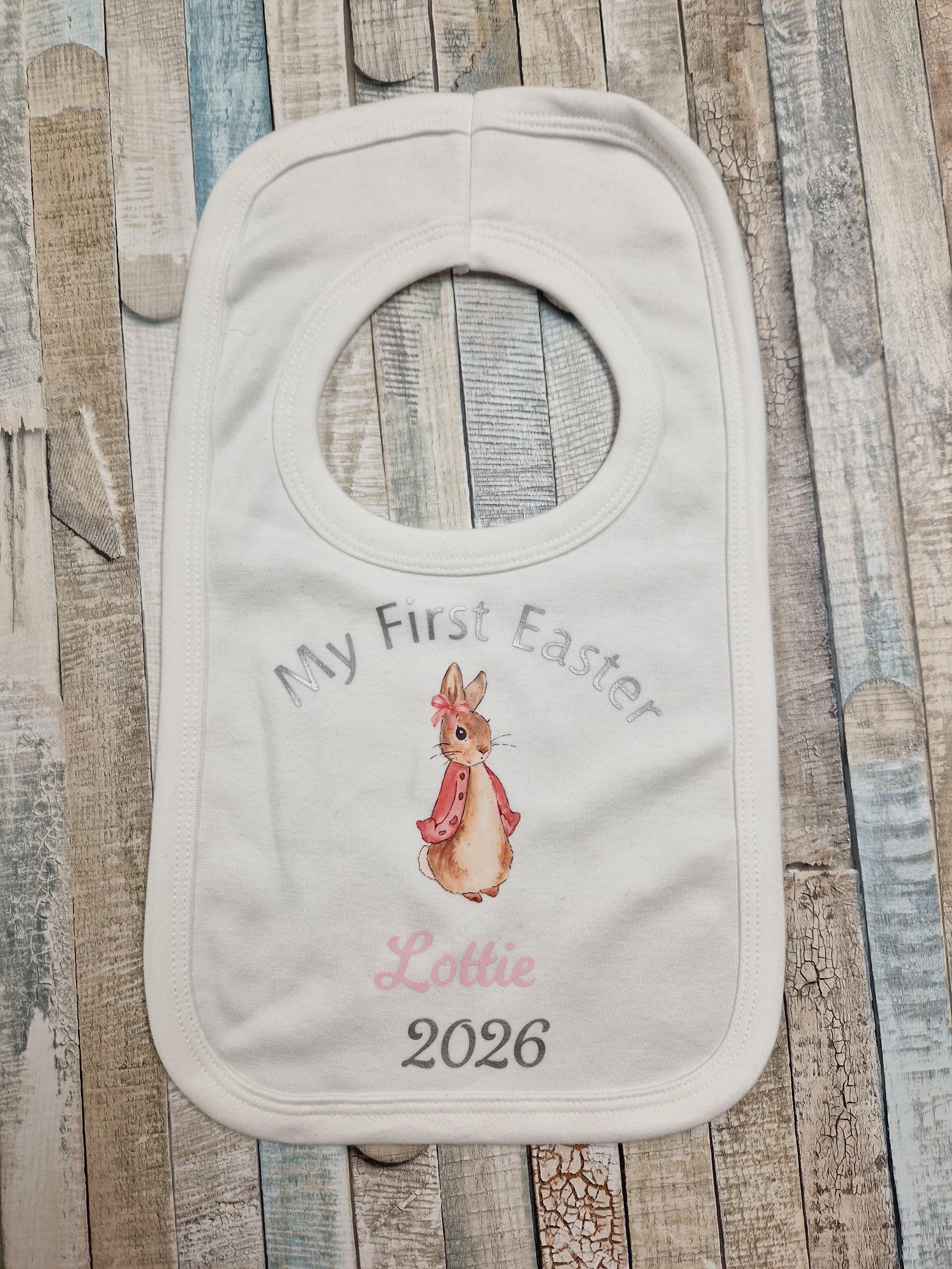 Baby Girls Personalised My First Easter Pink Rabbit Bib