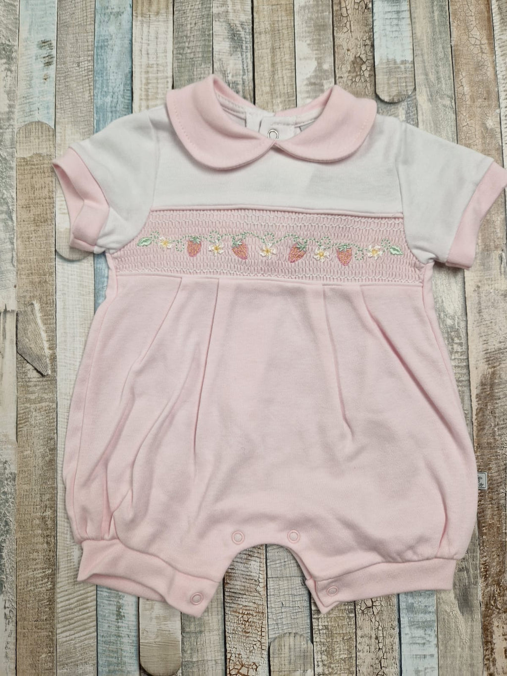 Baby Girls Pink Smocked Strawberry Romper