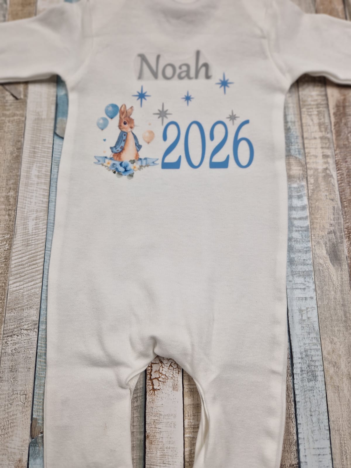 Personalised White Printed Babygro With Blue Rabbit Year Born