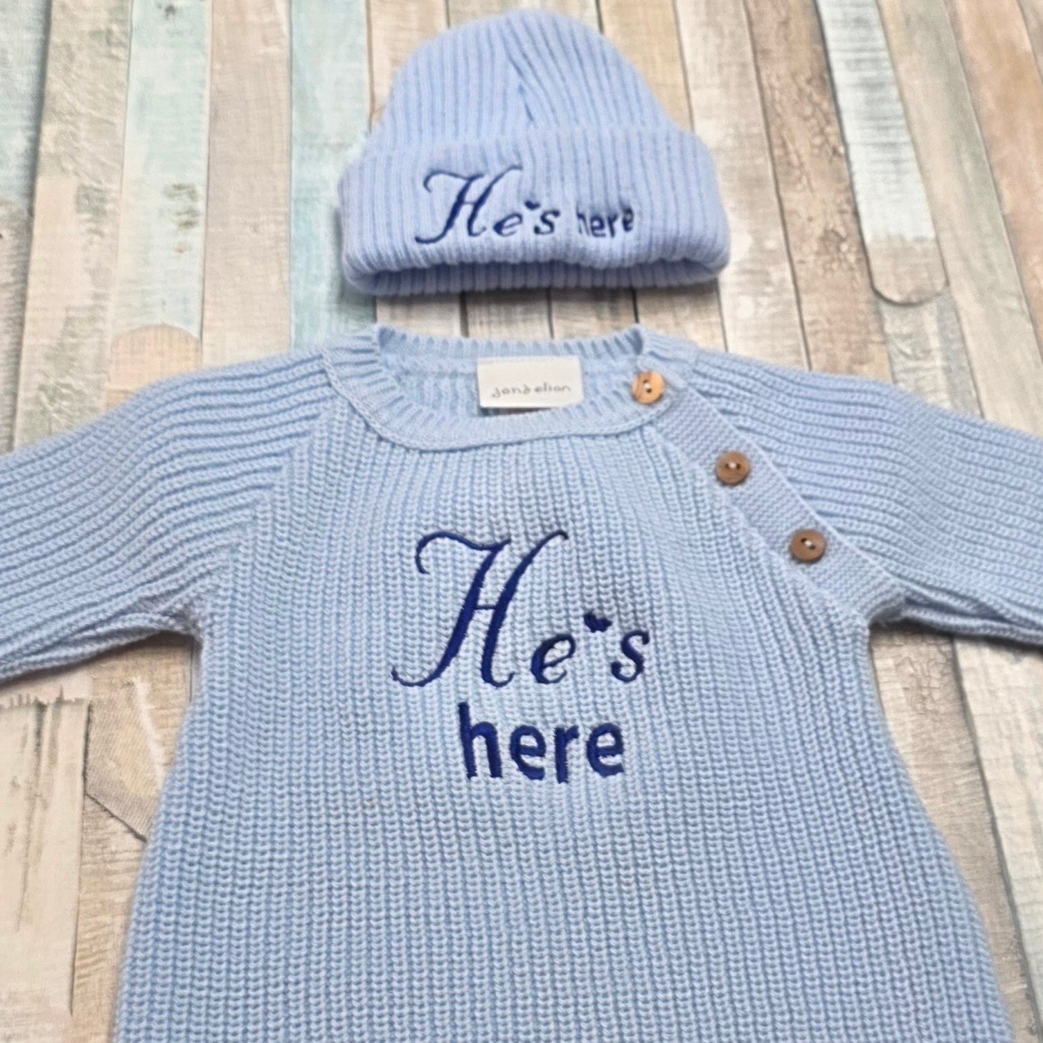 Baby Boys Blue He's Here Long Sleeved Knitted Romper Beanie