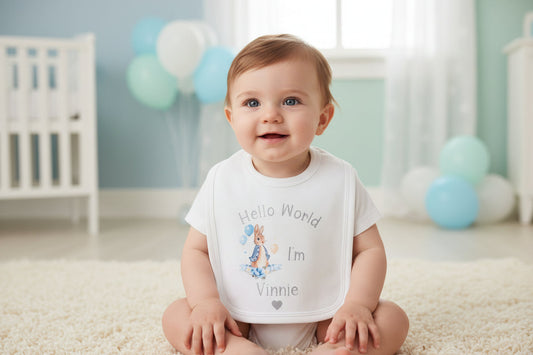 Baby Boys Personalised Hello World I'm Printed Blue Rabbit Bib