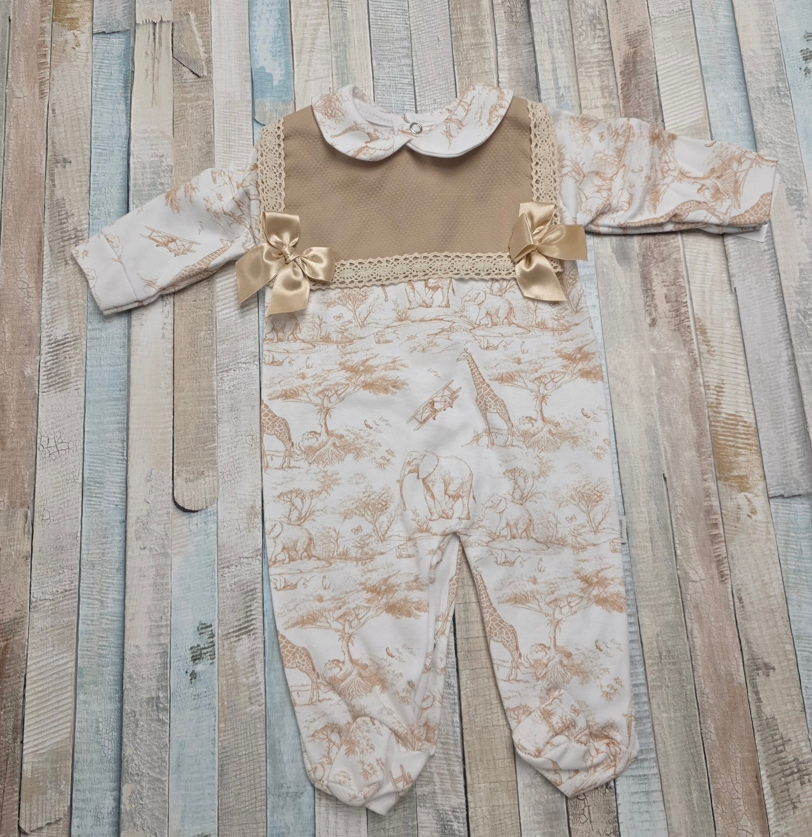 Baby Girls Beige And White Safari Printed Babygro
