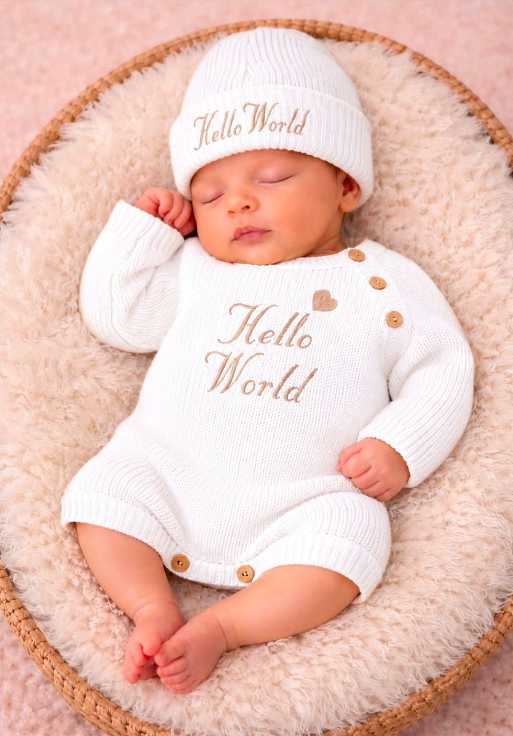 Nana B Unisex Baby White Hello World Romper With Beanie Hat