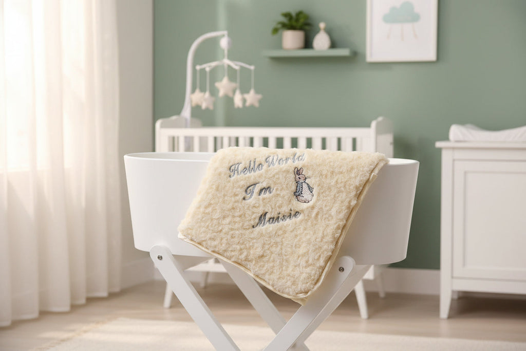 Personalised Hello World Lemon Soft Rose Blanket/Wrap With Embroidered Grey Rabbit Design