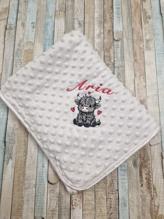 Baby Girls Personalised White Dimple Wrap With Grey Highland Cow