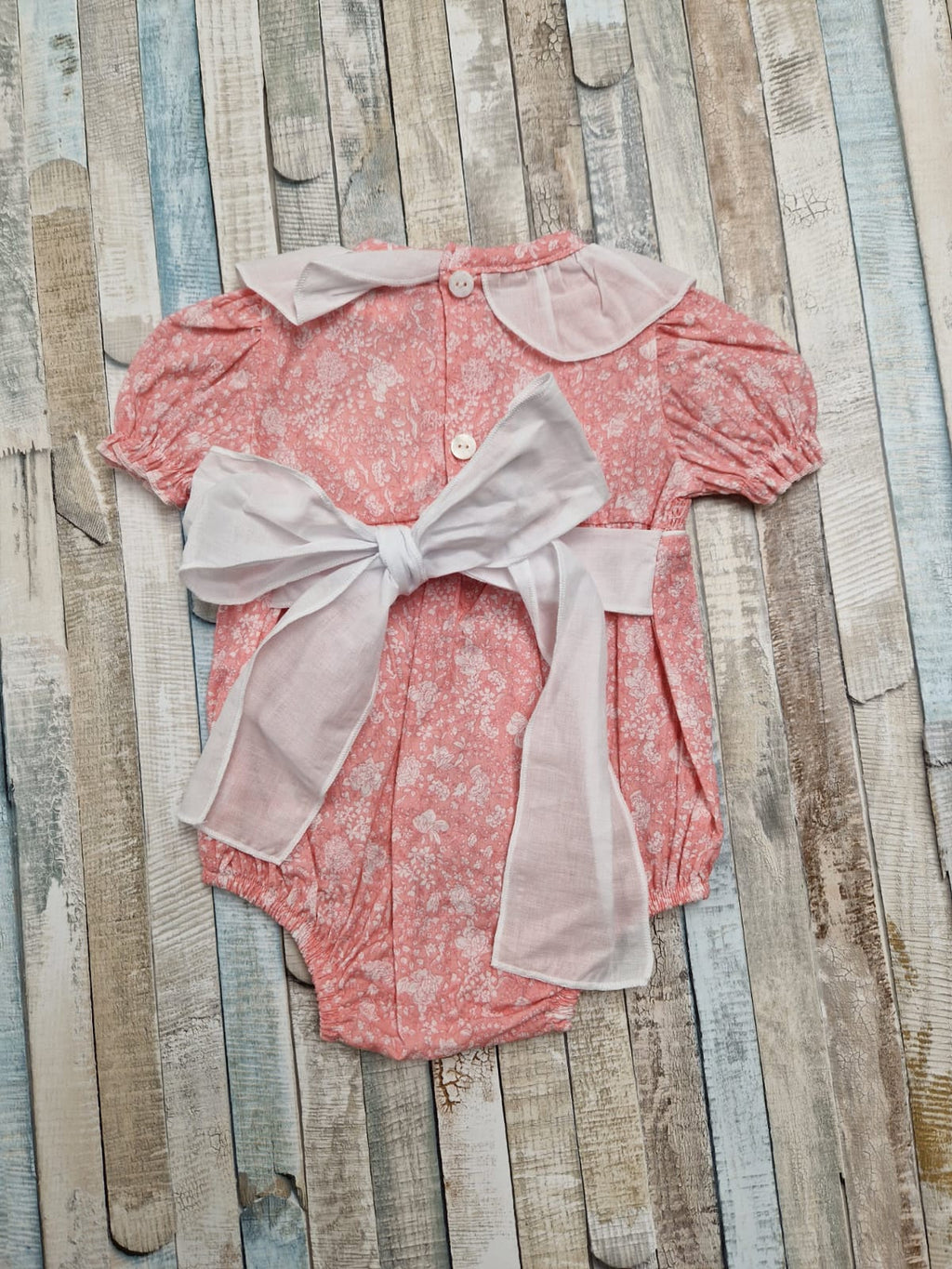 Nana's Special Buy Baby Girls Coral And White Smocked Cotton Romper
