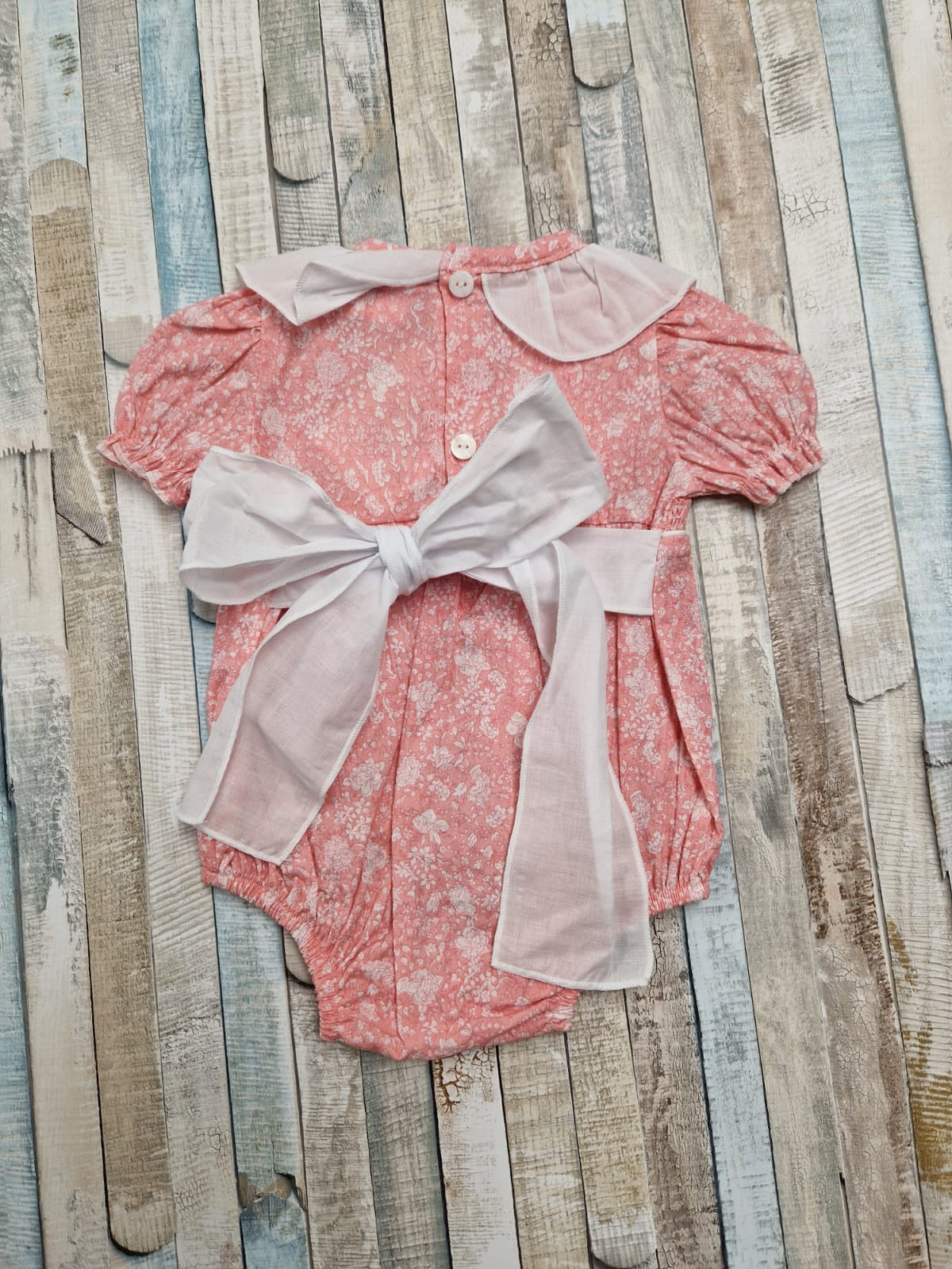 Nana's Special Buy Baby Girls Coral And White Smocked Cotton Romper