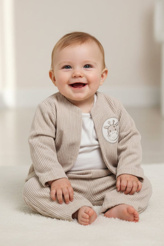 Baby Boys Taupe Velour Giraffe 3 Piece Set