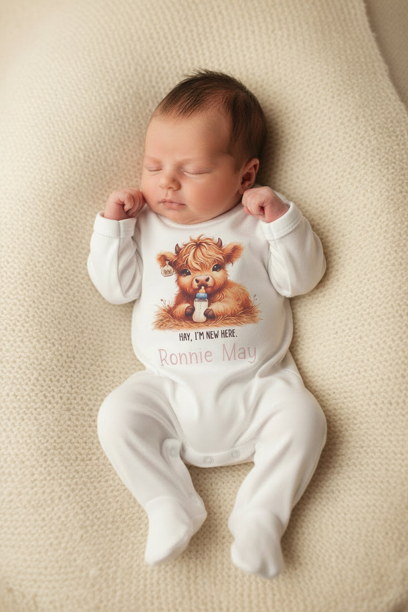 Personalised Baby Highland Cow Hay Im New Here Printed Newborn Babygro