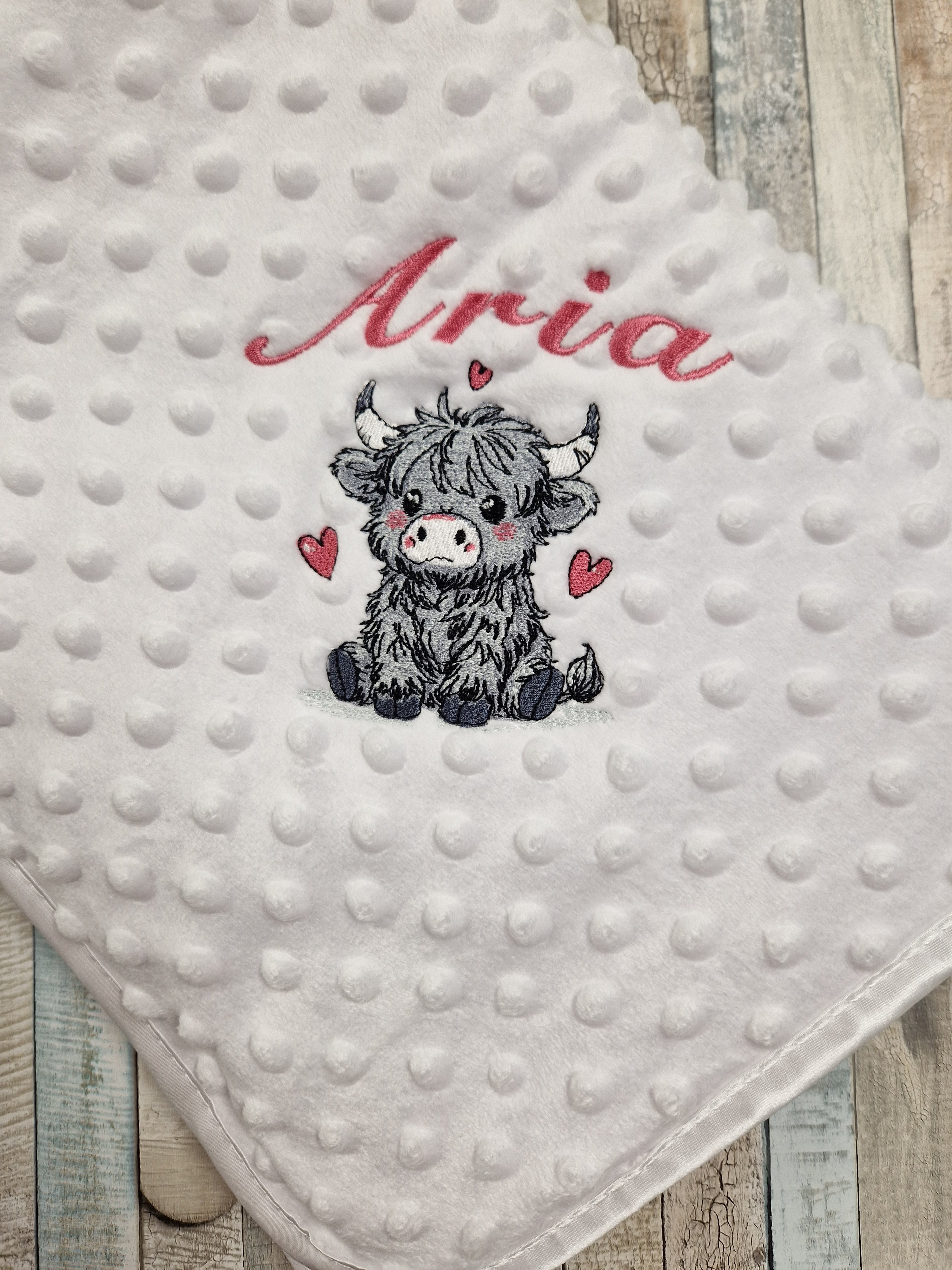 Baby Girls Personalised White Dimple Wrap With Grey Highland Cow