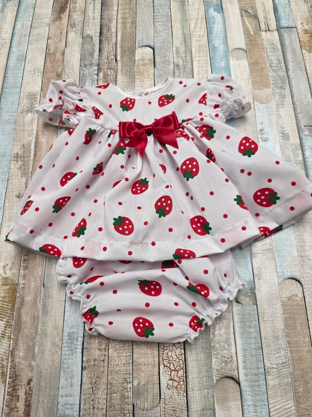Baby Girls Short Sleeved White Cotton Strawberry Dress And Pants Set