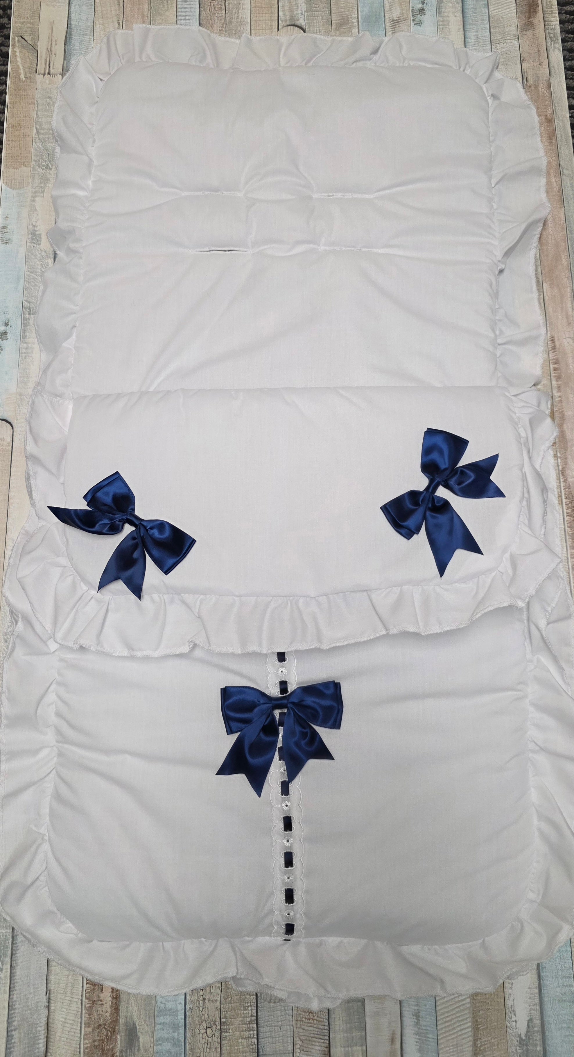Unisex Baby Plain White And Navy Satin Bow Universal  Pushchair Cosytoes/Footmuff