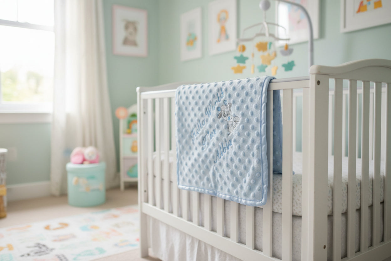 Personalised Hello World Blue Dimple Wrap With Blue Giraffe Embroidered Design