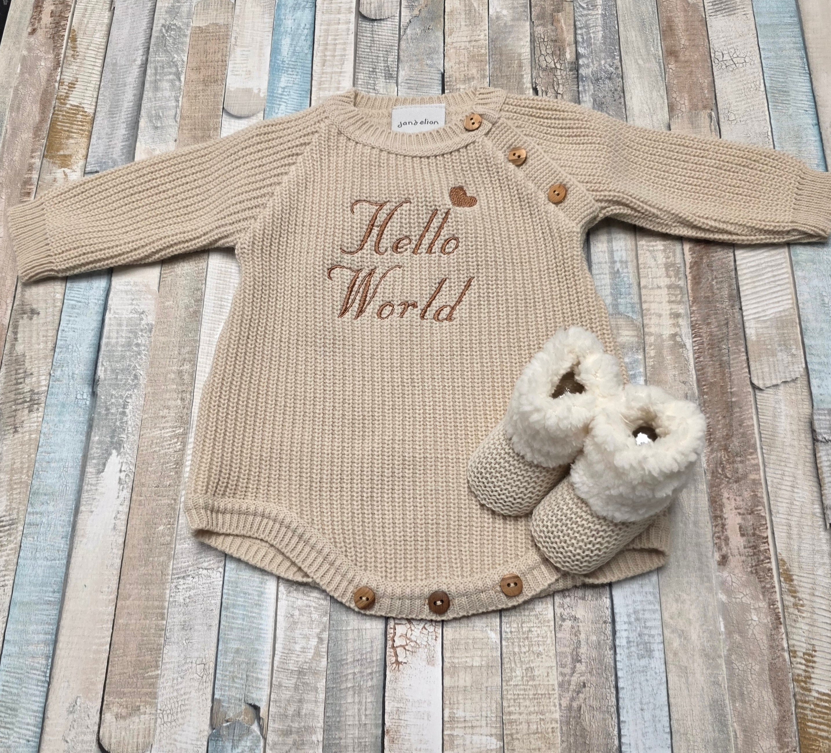 Nana B Unisex Baby Beige Hello World Romper And Beanie Hat