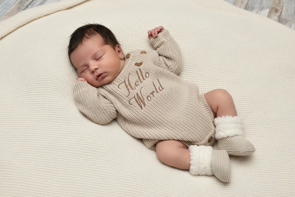 Nana B Unisex Baby Beige Hello World Romper And Beanie Hat