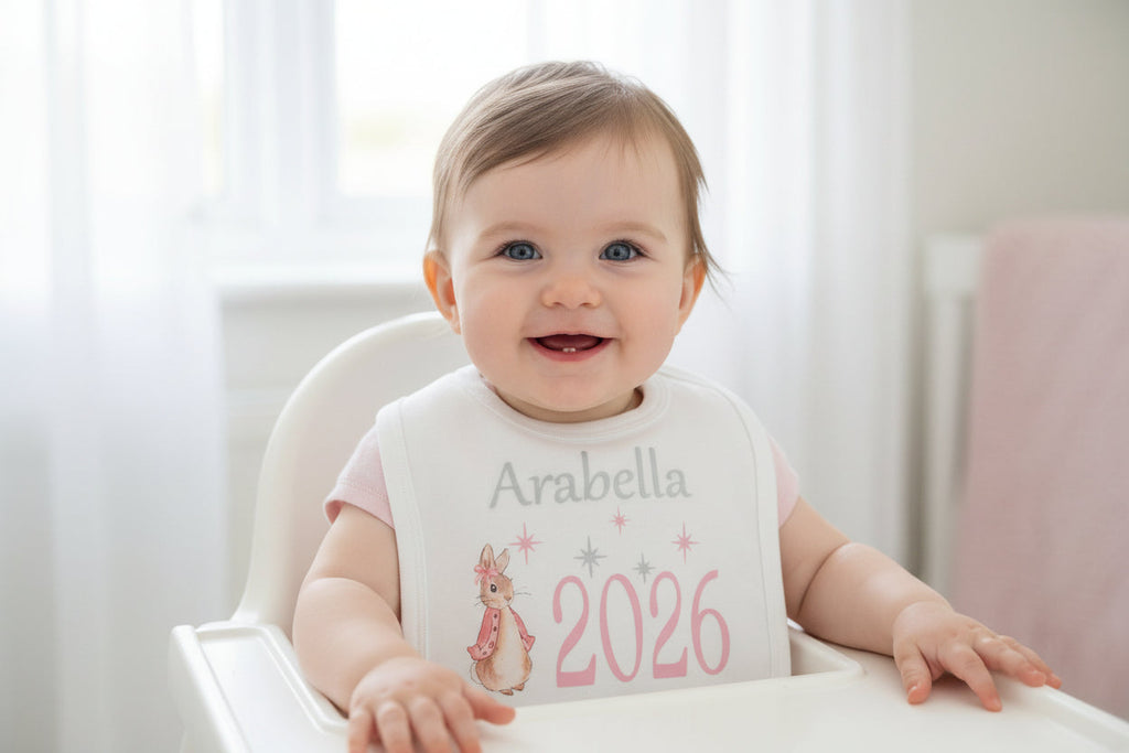 Personalised White Printed Bib With Pink Rabbit Year Born