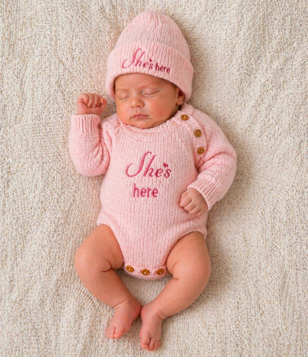 Baby Girls She's Here Long Sleeved Knitted Romper And Beanie