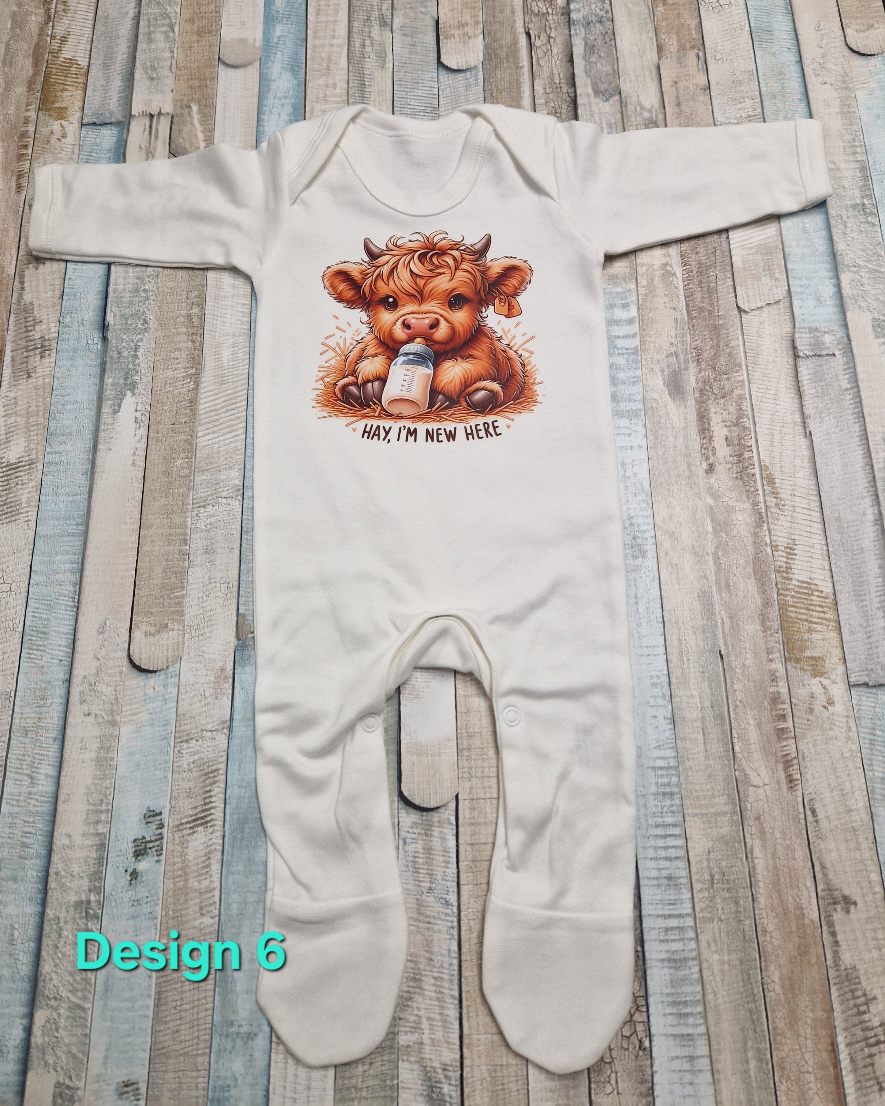 Personalised Baby Highland Cow Hay Im New Here Printed Newborn Babygro