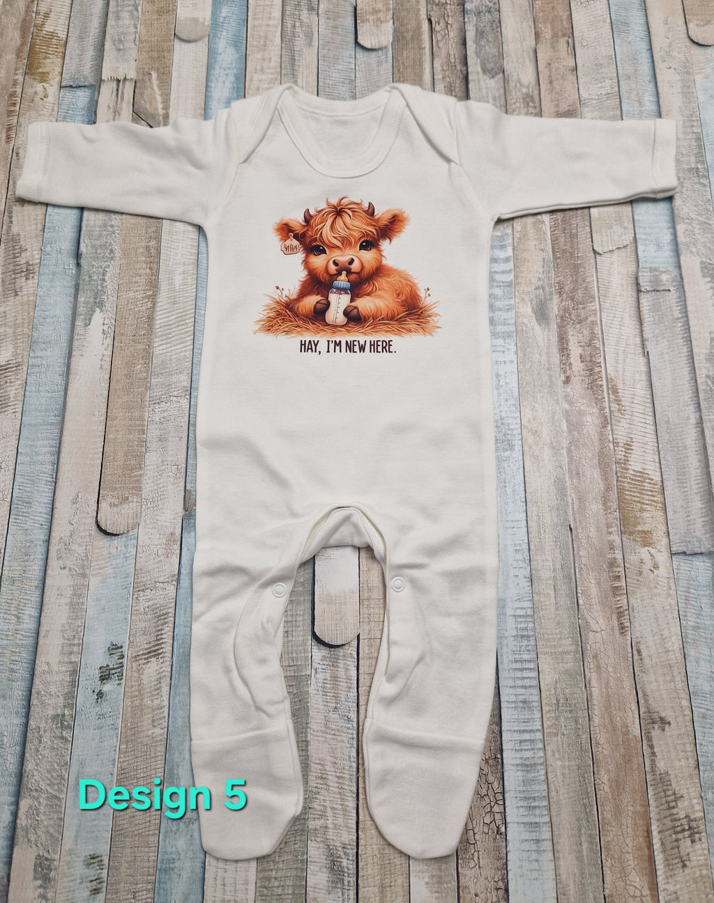 Personalised Baby Highland Cow Hay Im New Here Printed Newborn Babygro