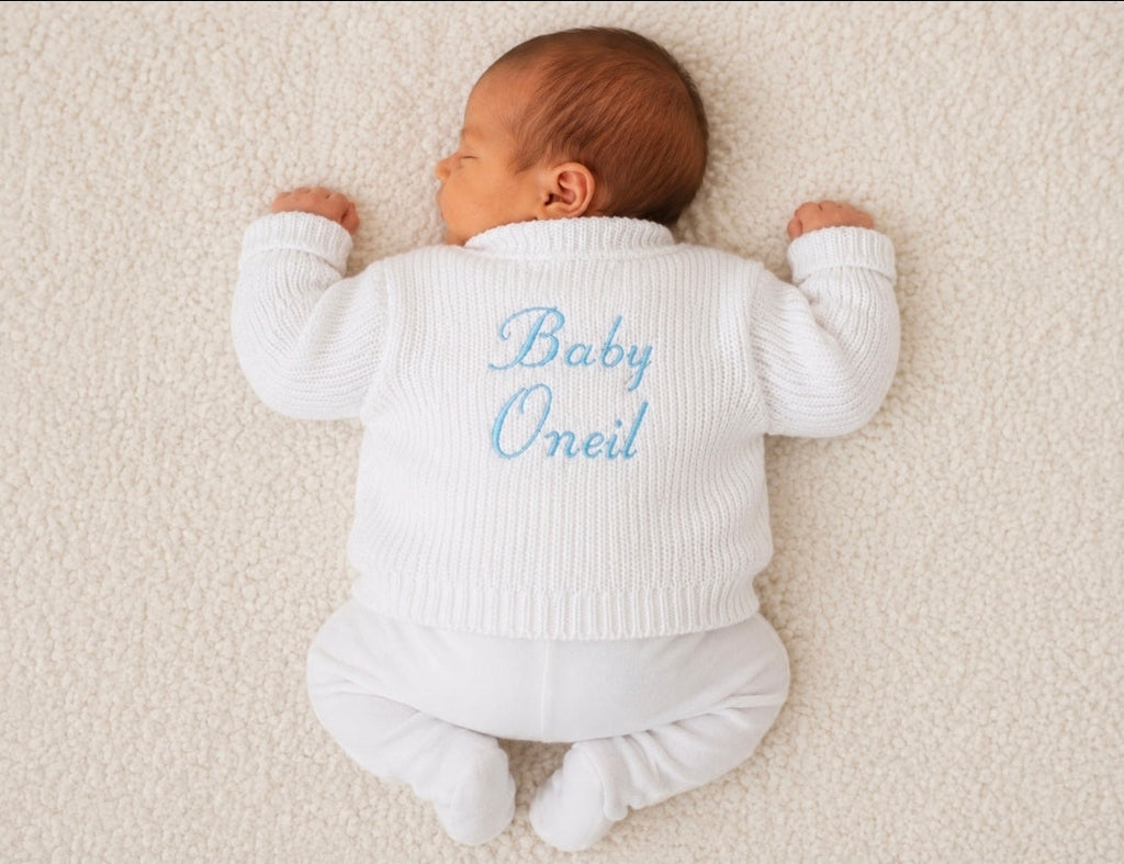 Unisex Baby White Personalised Baby And Name V Neck Cardigan