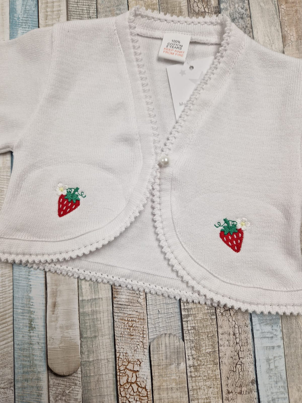 Baby Girls White Bolero Cardigan With Embroidered Strawberry Design