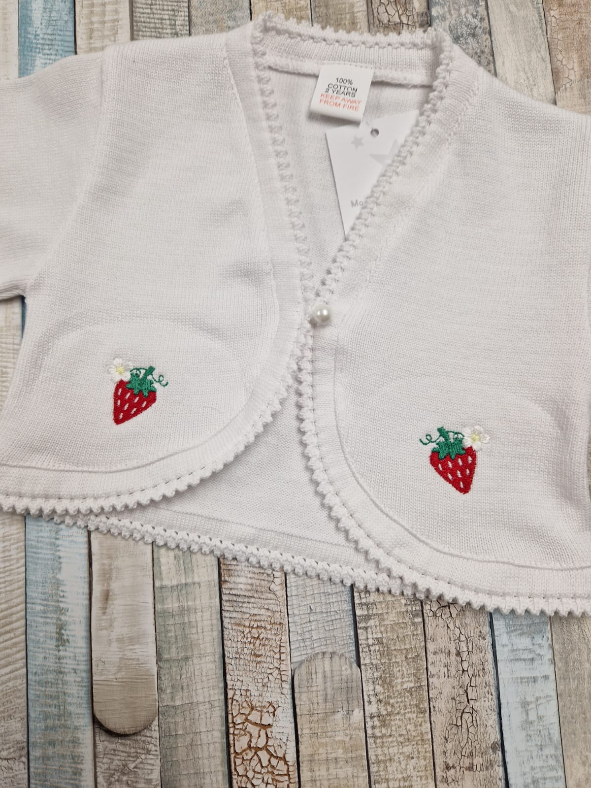 Baby Girls White Bolero Cardigan With Embroidered Strawberry Design