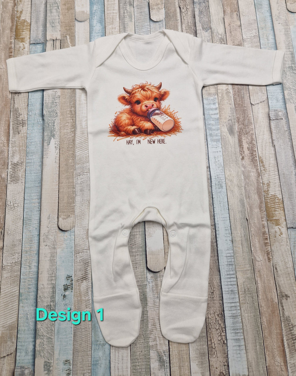 Personalised Baby Highland Cow Hay Im New Here Printed Newborn Babygro