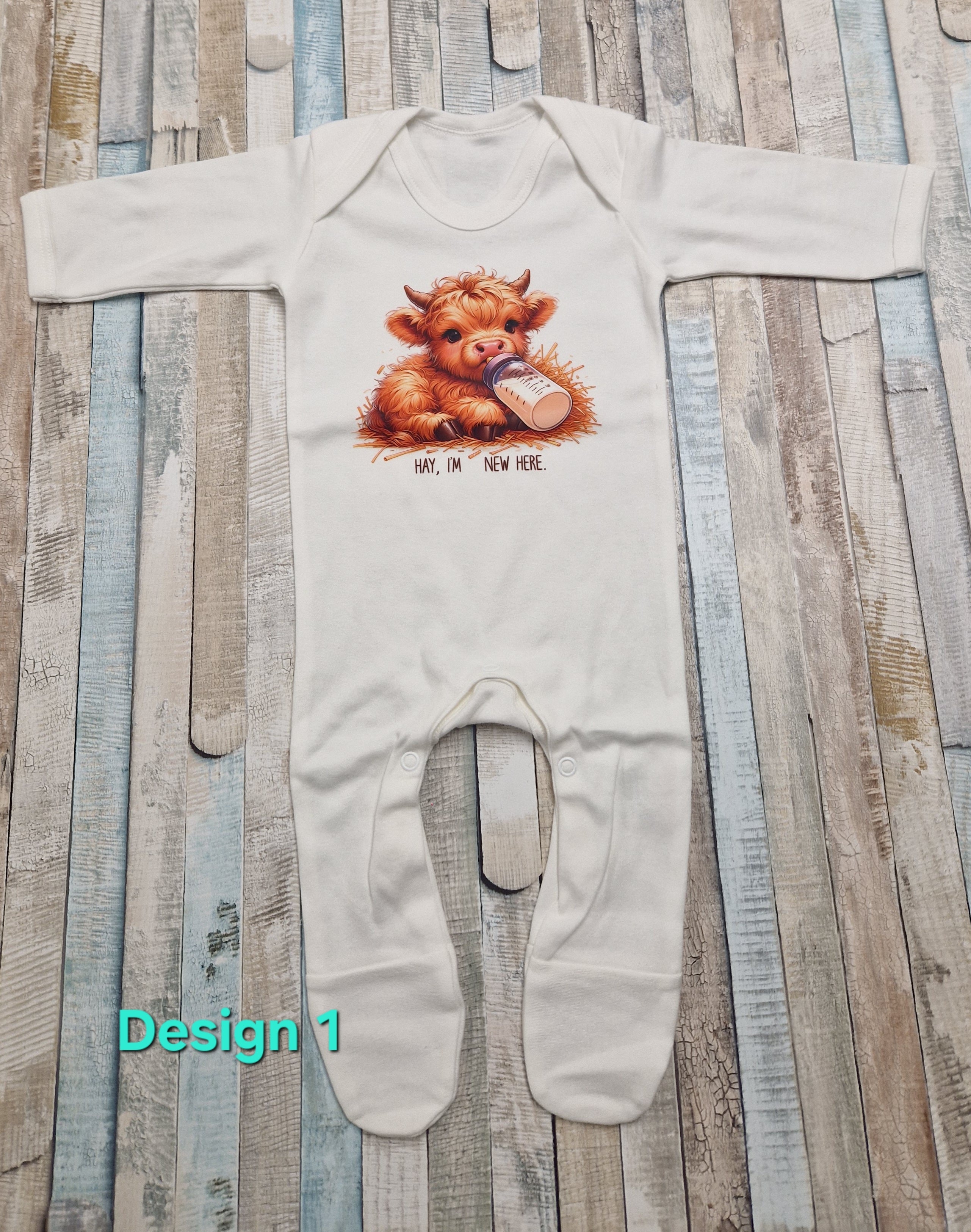 Personalised Baby Highland Cow Hay Im New Here Printed Newborn Babygro