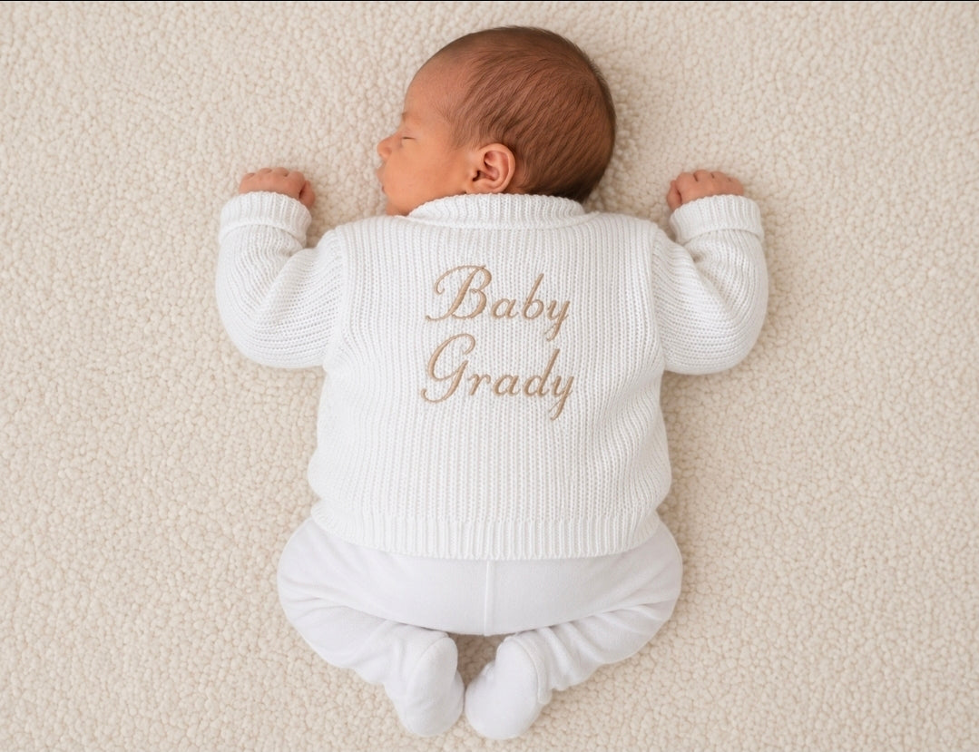 Unisex Baby White Personalised Baby And Name V Neck Cardigan