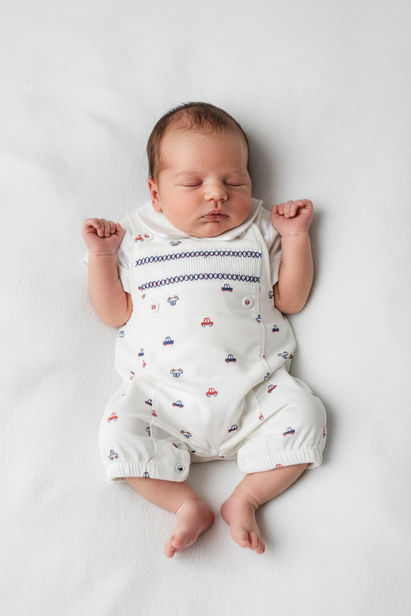 Baby Boys White Cars Dungaree 2 Piece Set