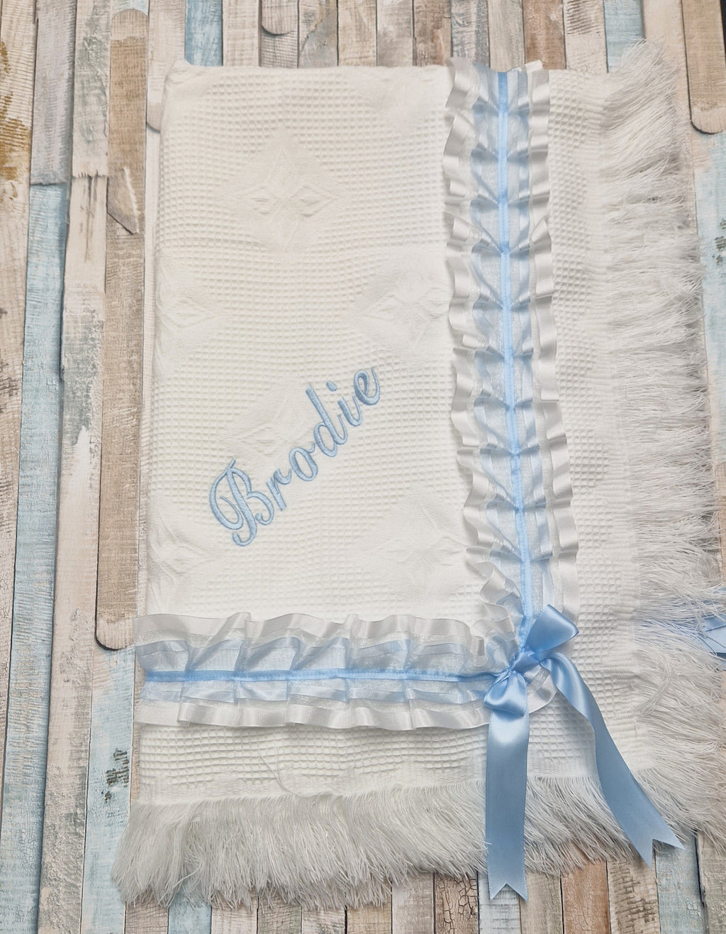 Baby Boys White & Blue Ruffle Lace Shawl