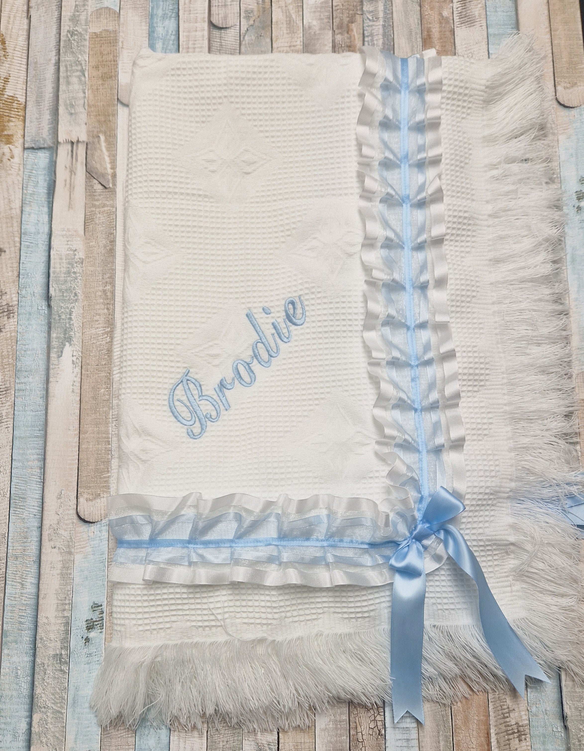 Baby Boys White & Blue Ruffle Lace Shawl