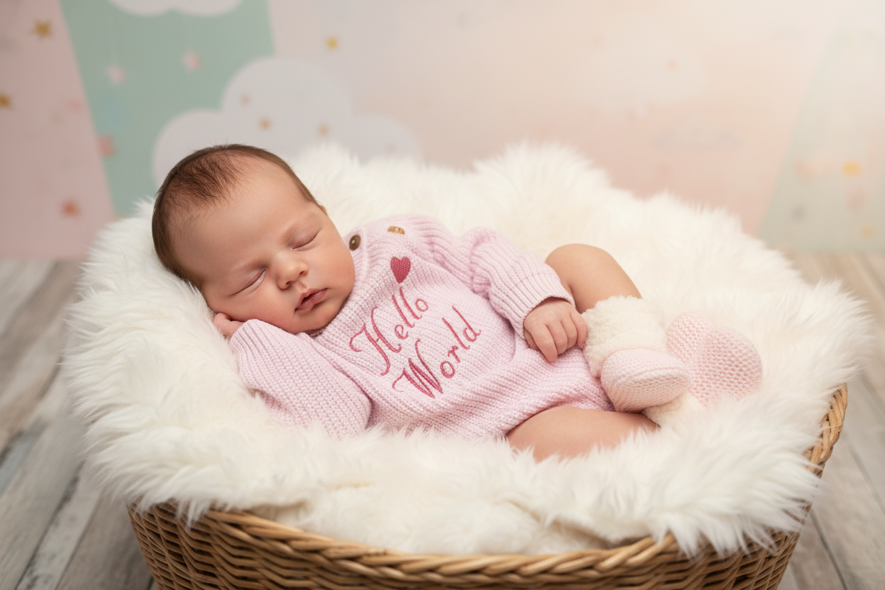 Nana B Baby Girls Pink Hello World Long Sleeved Romper With Beanie Hat