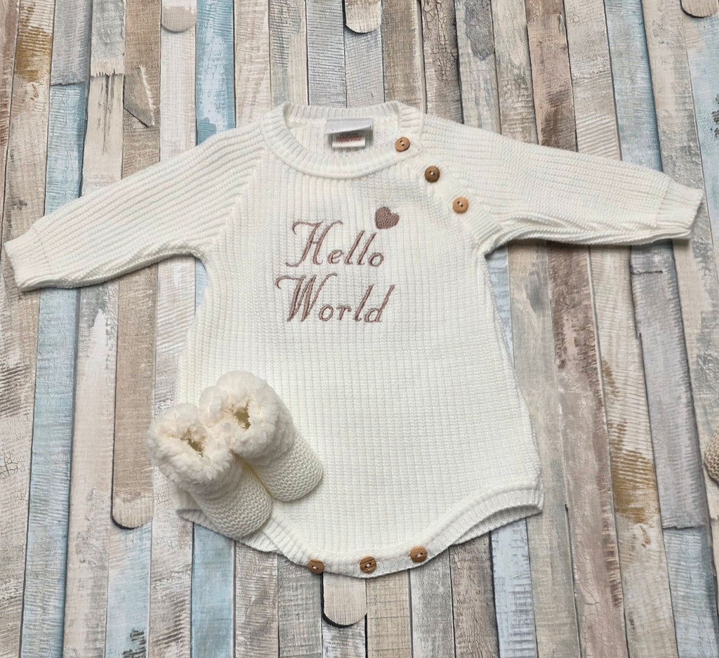 Nana B Unisex Baby White Hello World Romper With Beanie Hat
