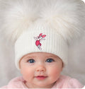 Baby White Knitted Double Fluffy Pom Pom Hat With Pink Piglet