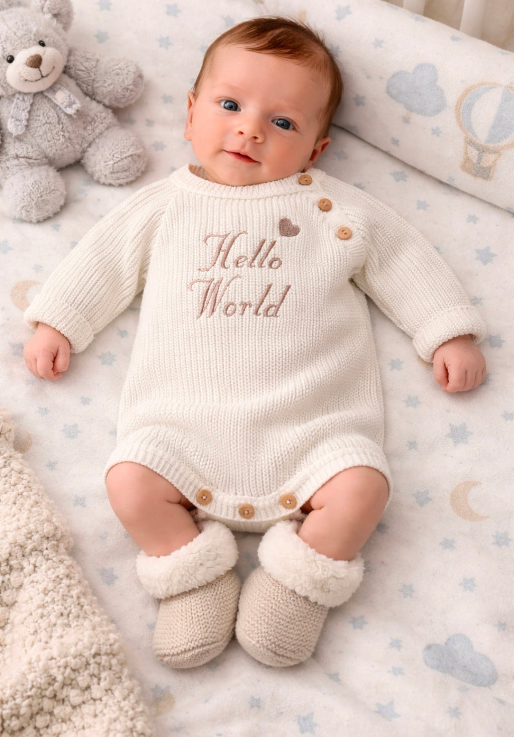 Nana B Unisex Baby White Hello World Romper With Beanie Hat