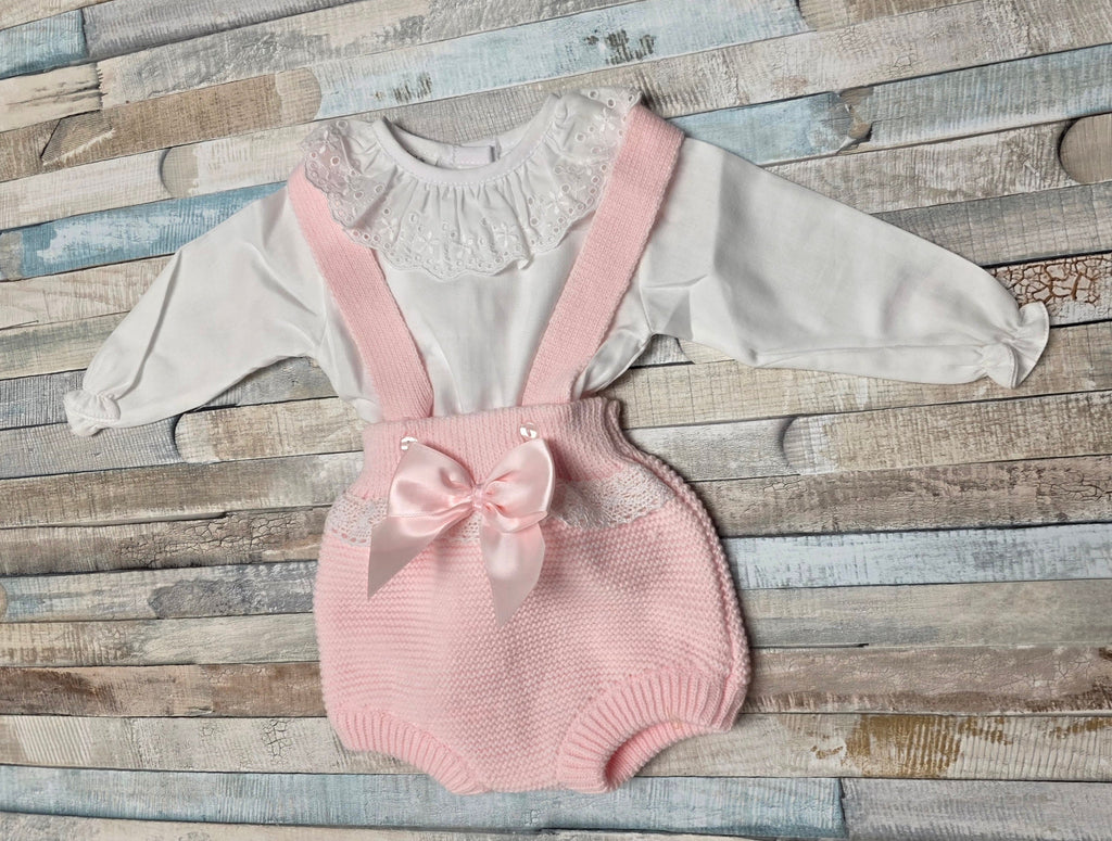 Baby Girls Pink Knitted Dungaree Romper 2 Piece Set