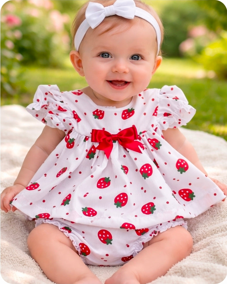 Baby Girls Short Sleeved White Cotton Strawberry Dress And Pants Set