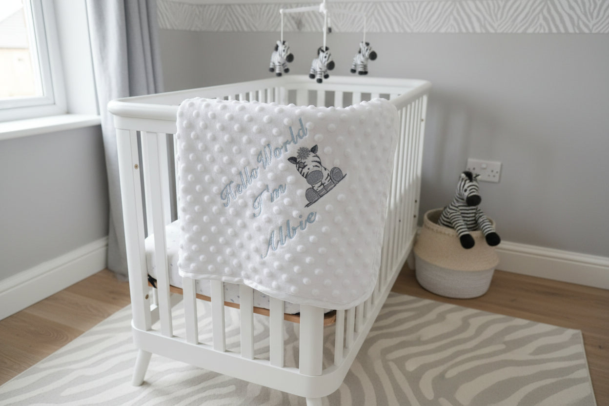 Personalised Hello World White Dimple Wrap With Blue Zebra Embroidered Design