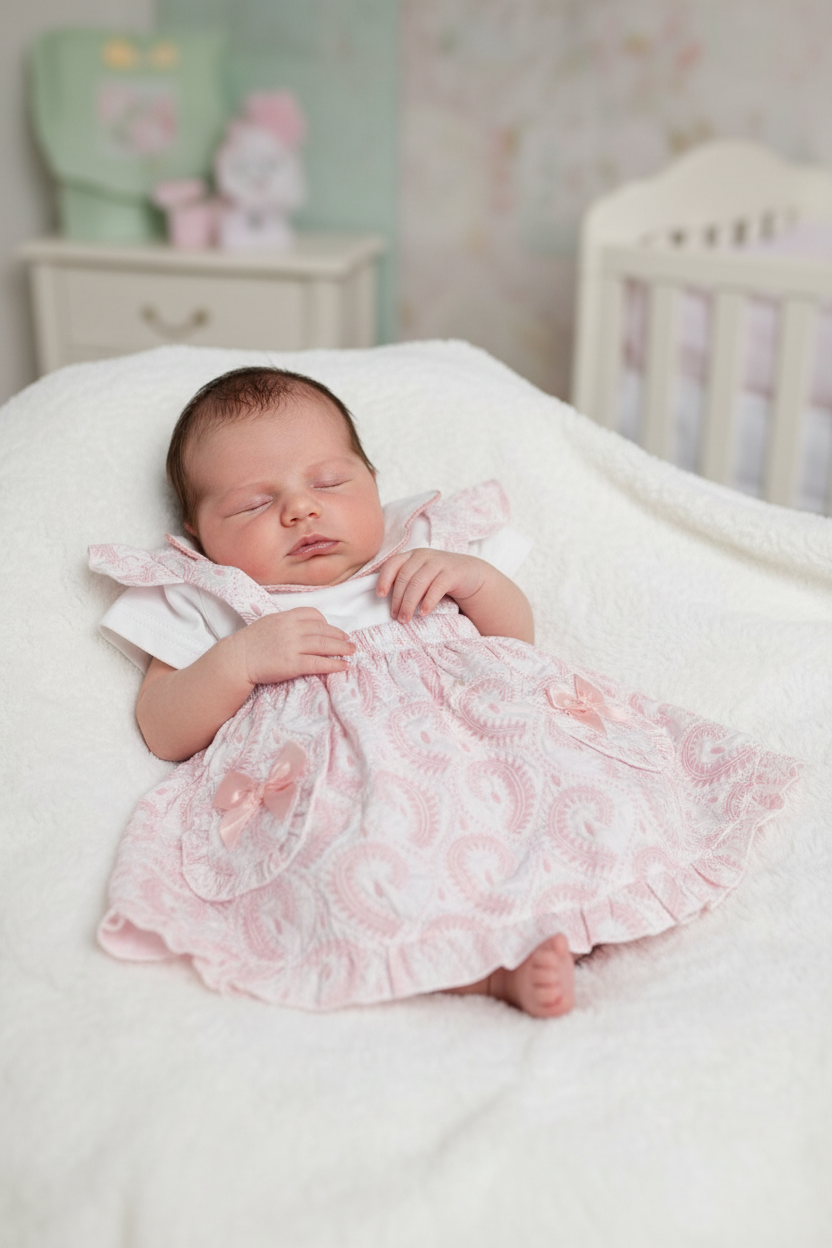 Baby Girls Pink And White Jacquard 2 Pieces Skirt Set with Bows