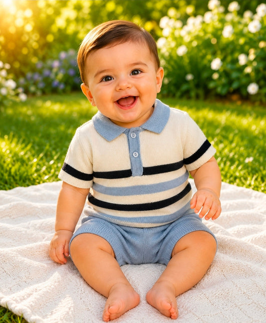 Baby Boys Blue White And Navy Striped Knitted Short Set