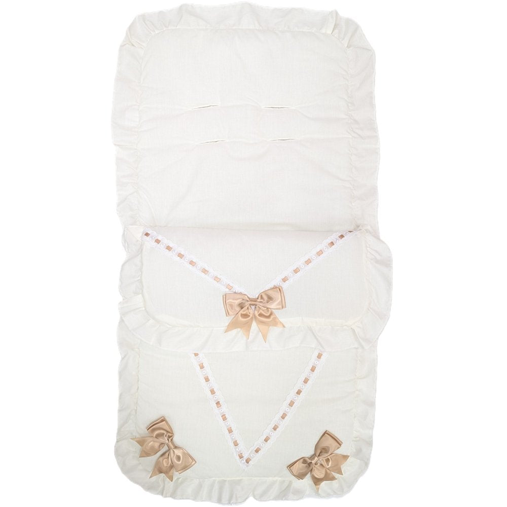 Unisex Baby Plain Cream And Beige Broderie Anglaise Lace Trim Universal Pushchair  Footmuff/Cosytoes With Satin Bows