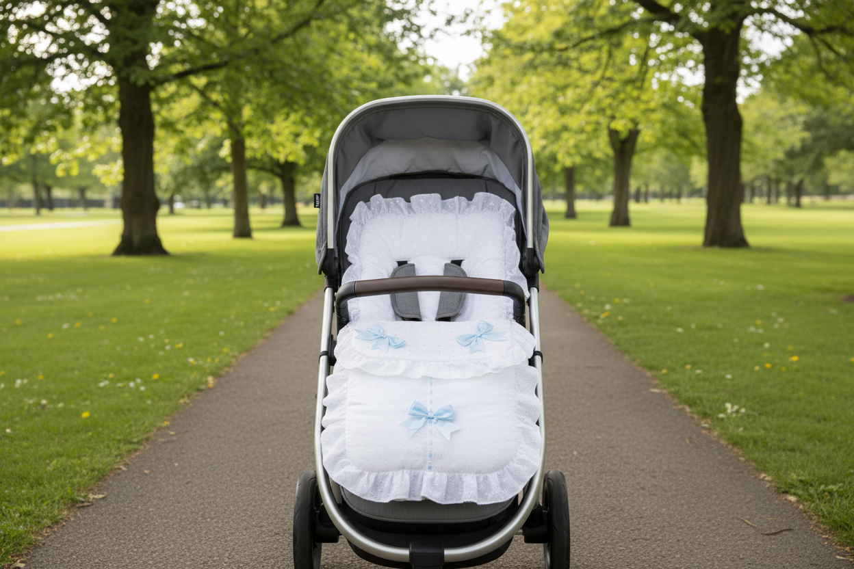 Baby Boys White And Blue Embroidered Broderie Anglaise Universal Pushchair Footmuff/Cosytoes